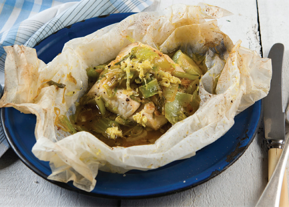 Blue-eye trevalla baked in paper with bok choy, ginger, miso and soy recipe