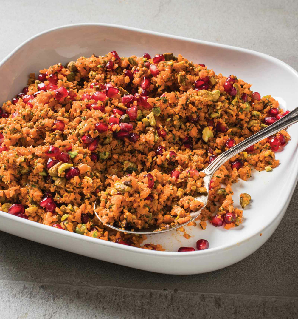 Carrot “tabbouleh” with mint, pistachios, and pomegranate seeds recipe