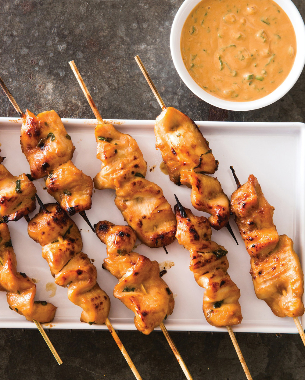 Chicken satay with spicy peanut dipping sauce recipe