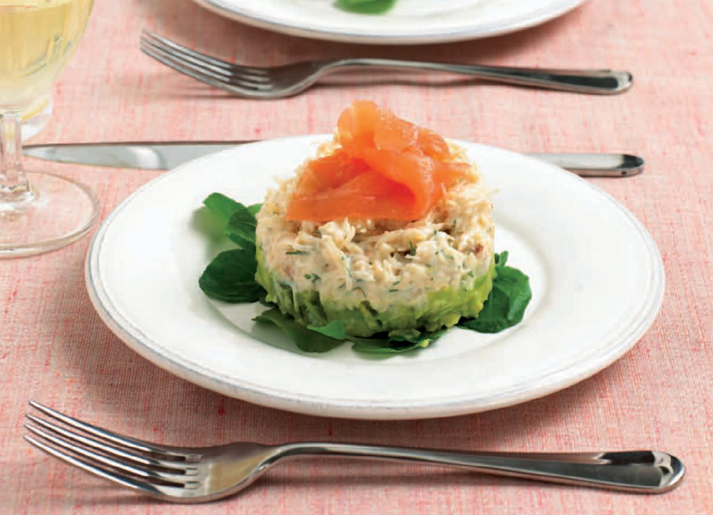 Crab, avocado, and smoked salmon tians recipe