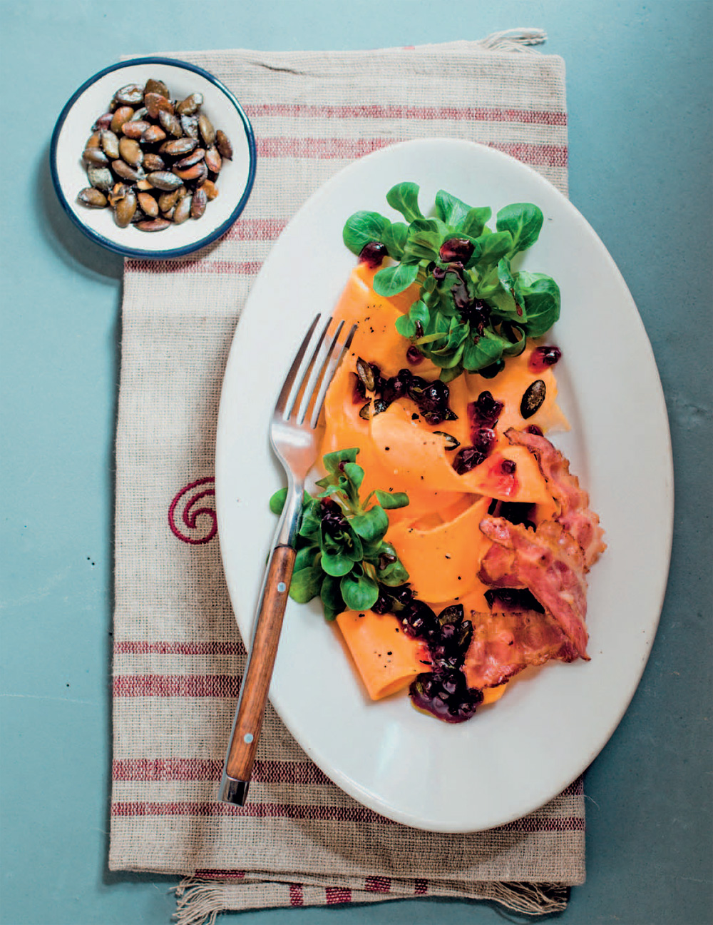 Musque de provence pumpkin with south tyrolean speck mache lettuce, and toasted pumpkin seeds recipe