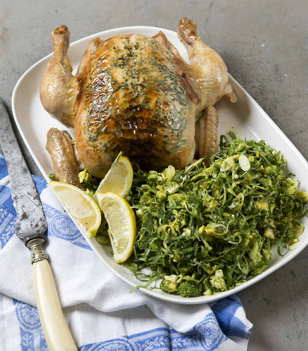 Roast chook with broccoli tabbouleh and turmeric buttermilk dressing recipe