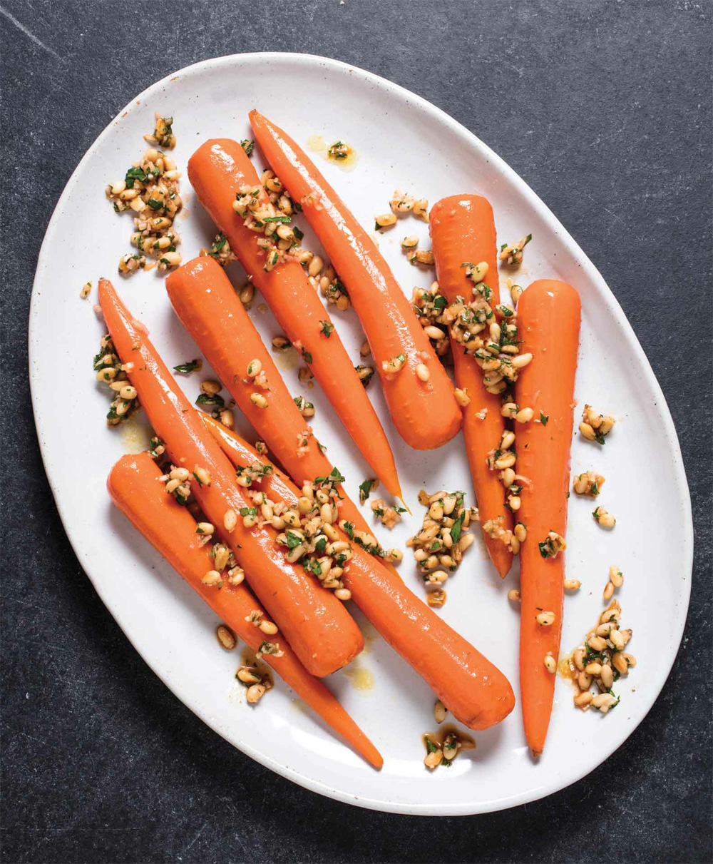 Slow-cooked whole carrots with pine nut relish recipe