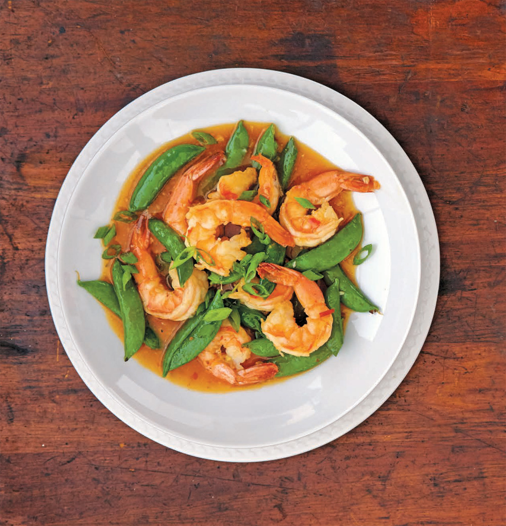Stir-fried shrimp with ginger-pickled snap peas recipe