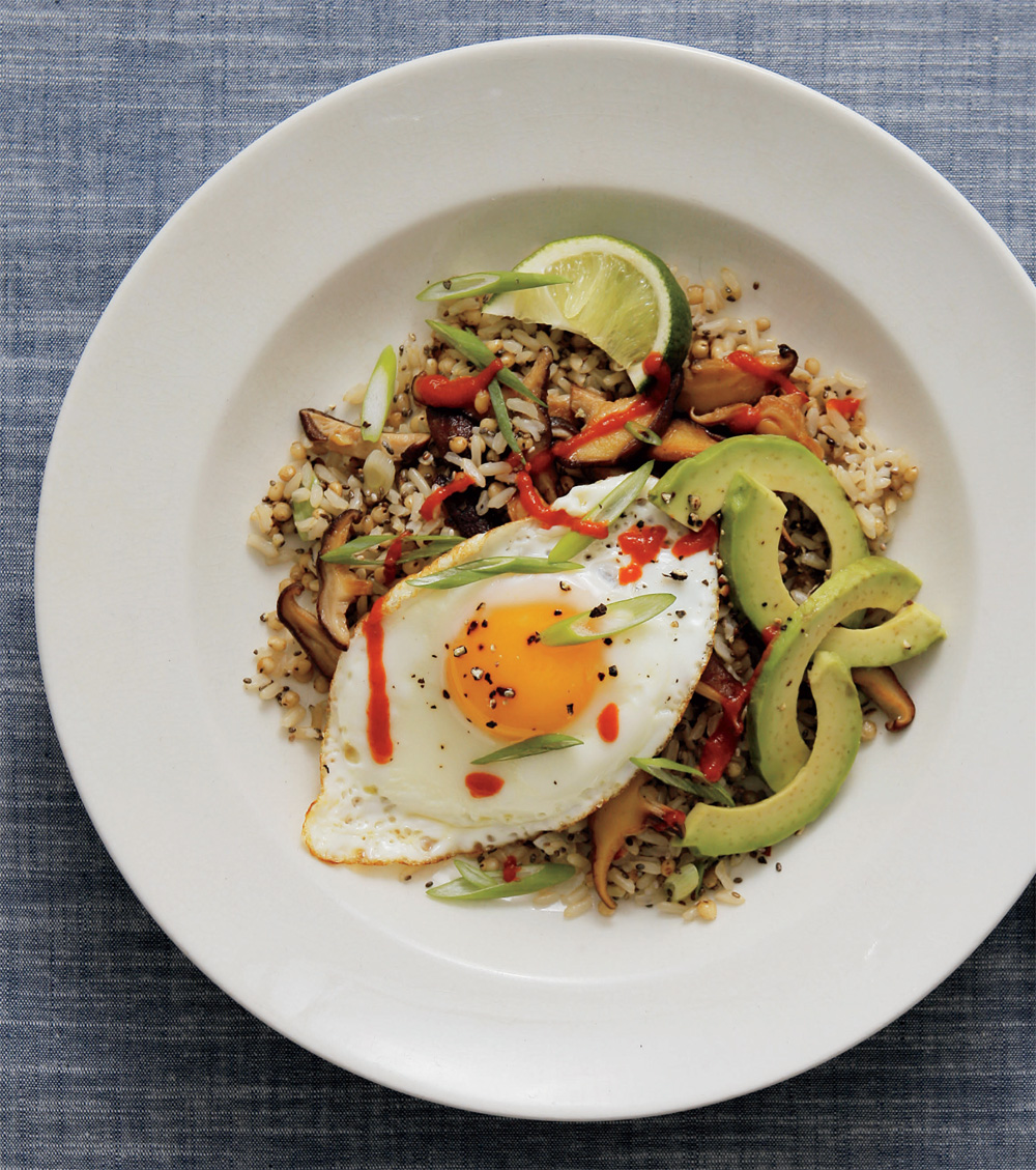 Toasted sorghum with shiitakes and fried eggs recipe