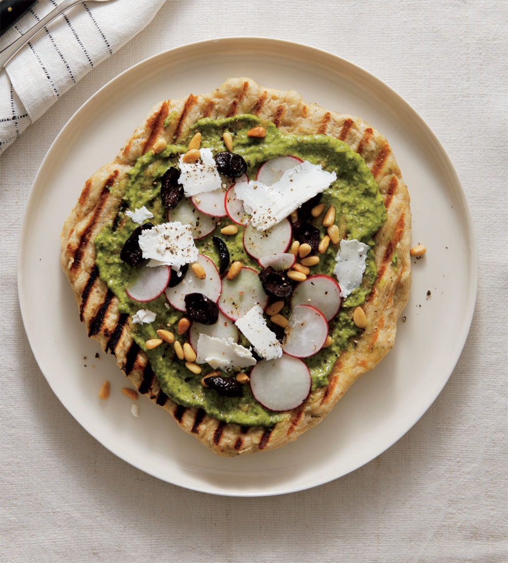 Whole wheat flatbread with chia pesto, ricotta salata, and radishes recipe