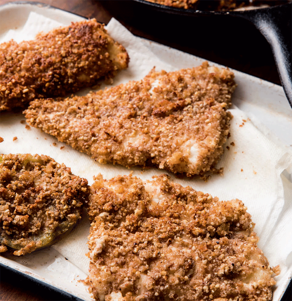 Pan-seared, pecan-crusted fish with fried green tomatoes recipe