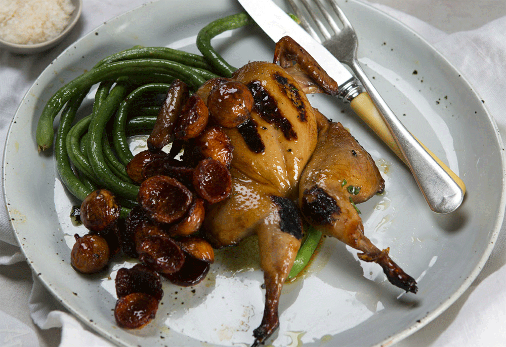 Quail with quandong and snake beans recipe