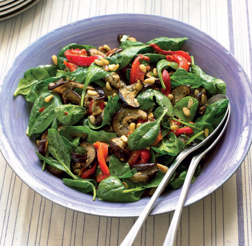 Red pepper and eggplant salad with basil dressing recipe