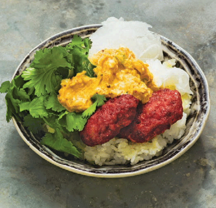 Rice bowl with spicy pork jicama, cilantro and kimchi remoulade recipe