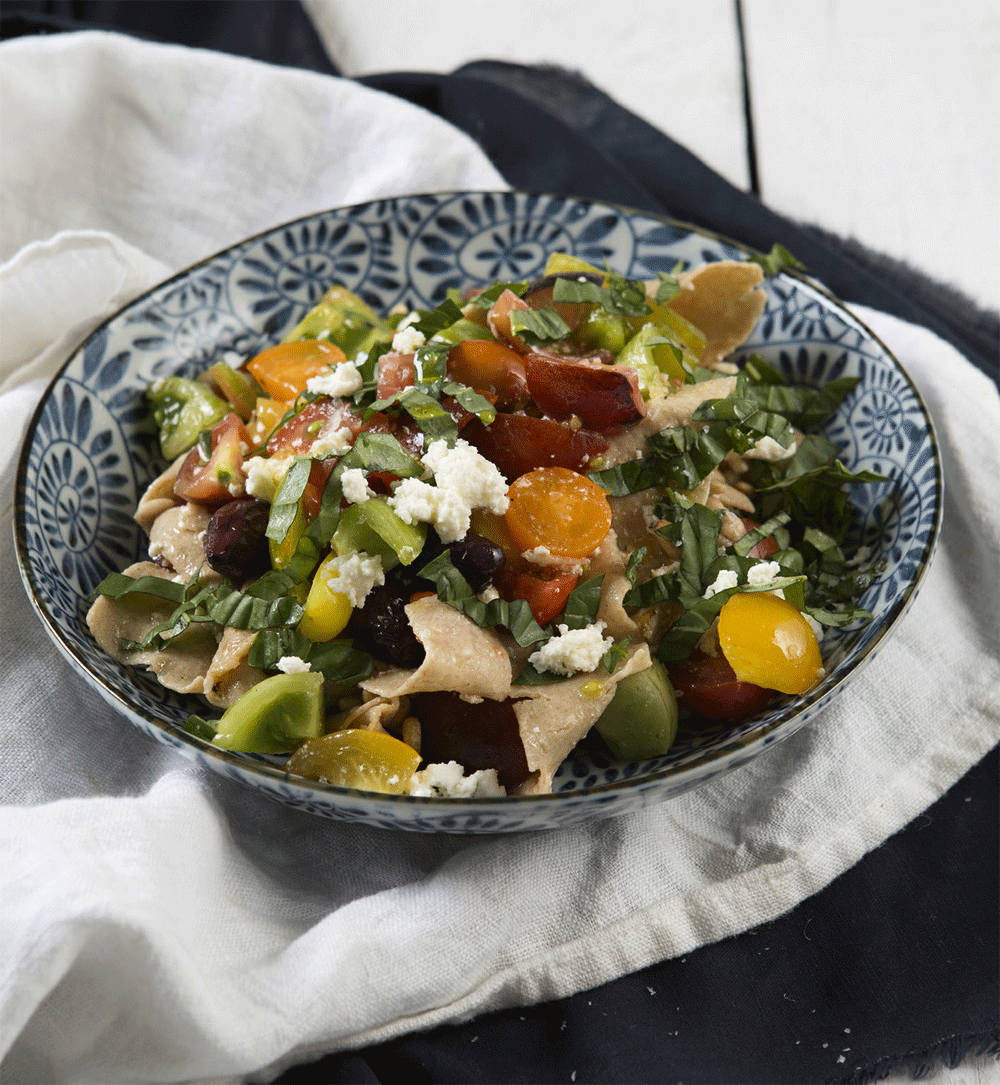 Spelt pasta rags with tomato, olives and ricotta recipe