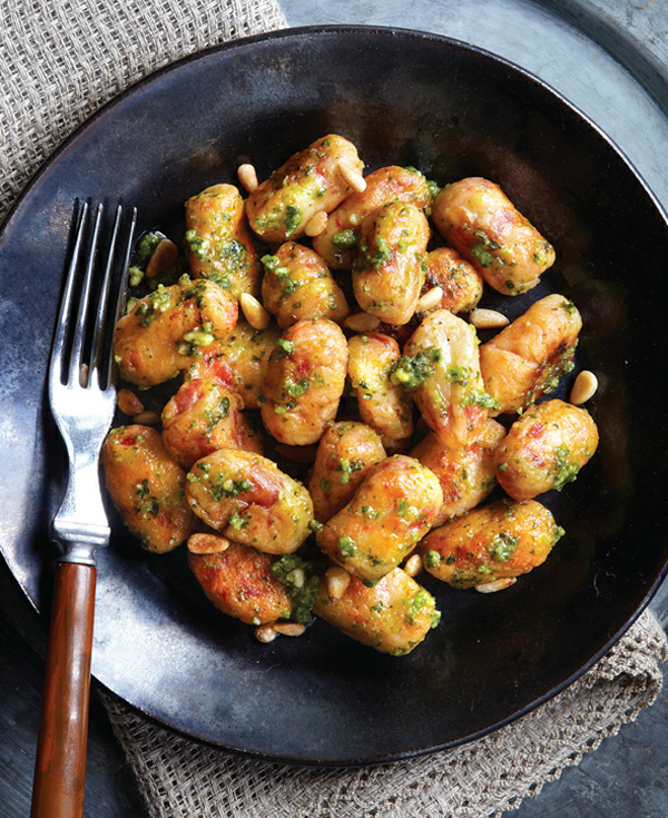 Sun-dried tomato ricotta gnocchi with basil pesto and toasted pine nuts recipe