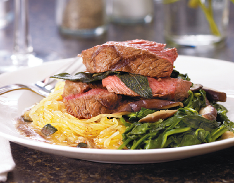 Grilled beef with spaghetti squash and spinach and mushrooms with sage browned butter recipe