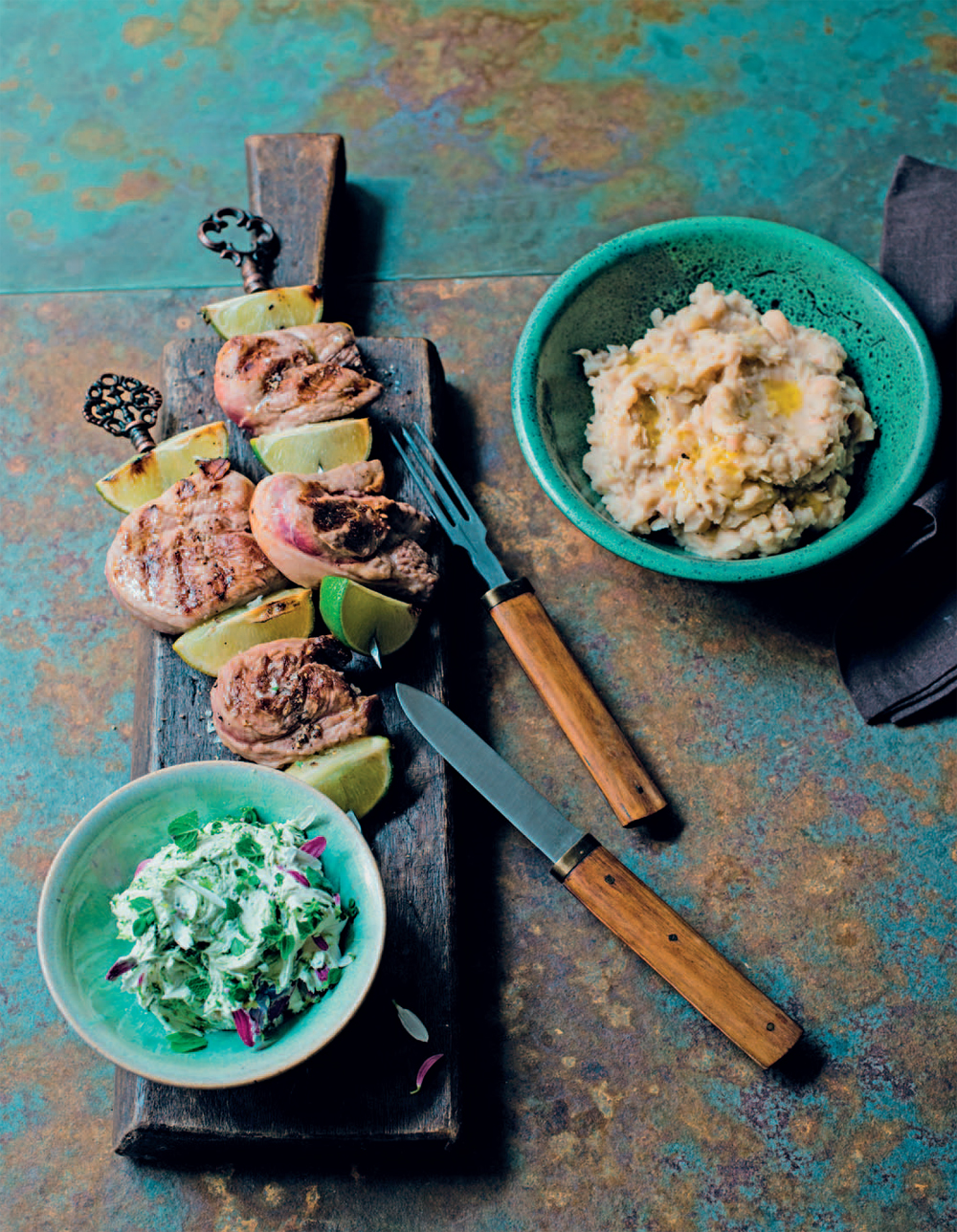 Lamb steaks with mountain herb butter and mashed beans recipe