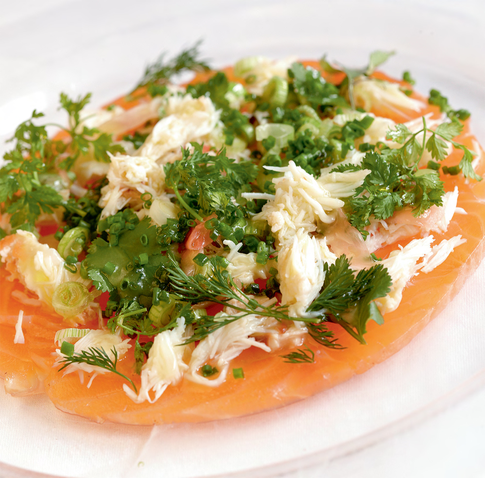 Marinated salmon with Cornish crabmeat recipe