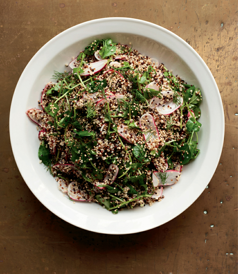 Mixed quinoa with radish and pea shoots recipe