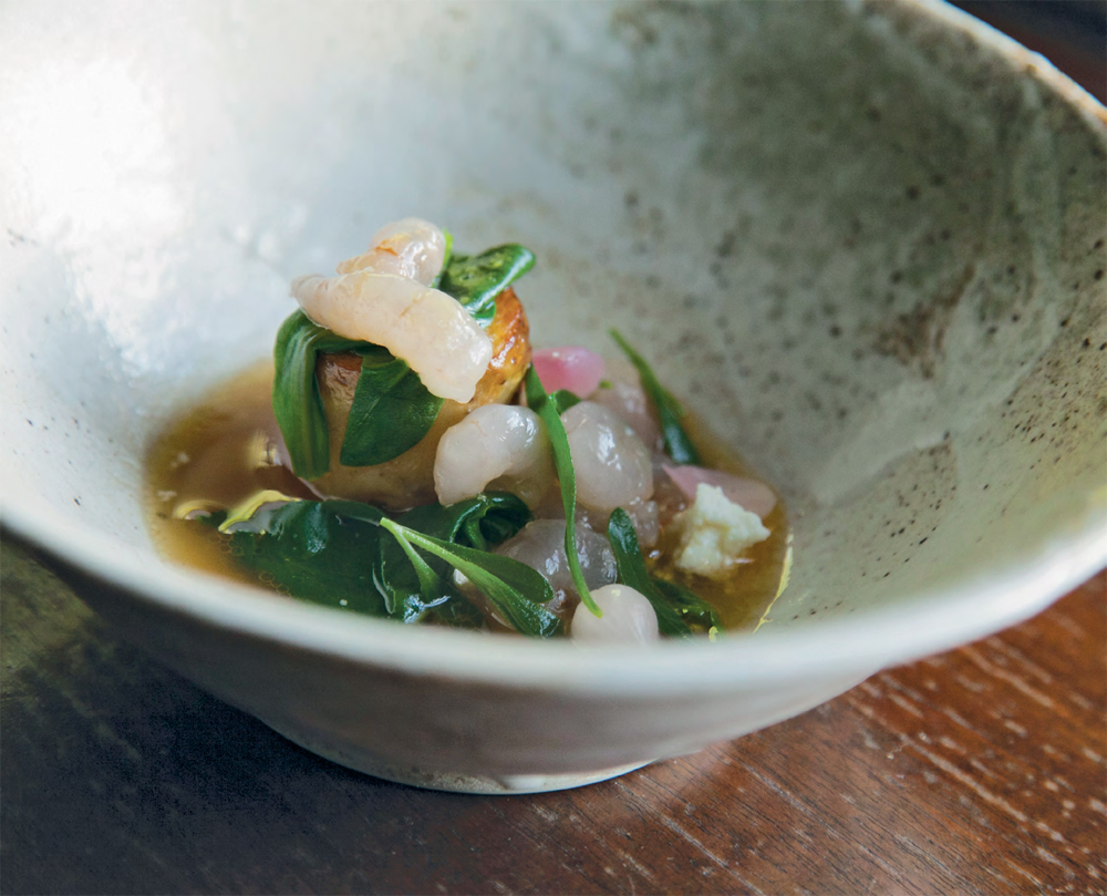 Myler prawns, pink fir apple potato, roast shrimp dashi recipe