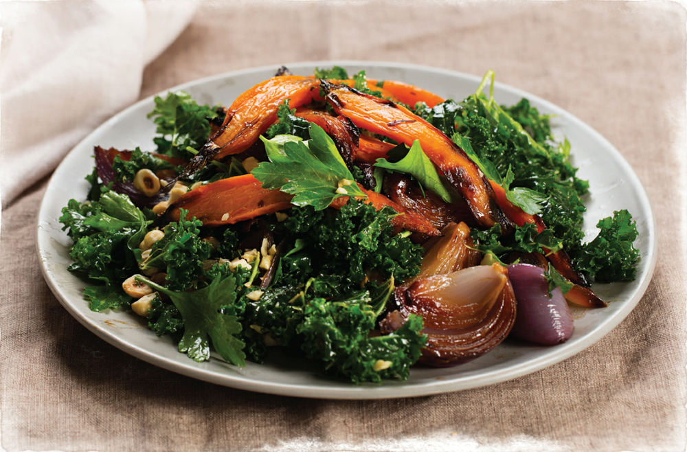 Roasted carrots, kale and hazelnuts recipe