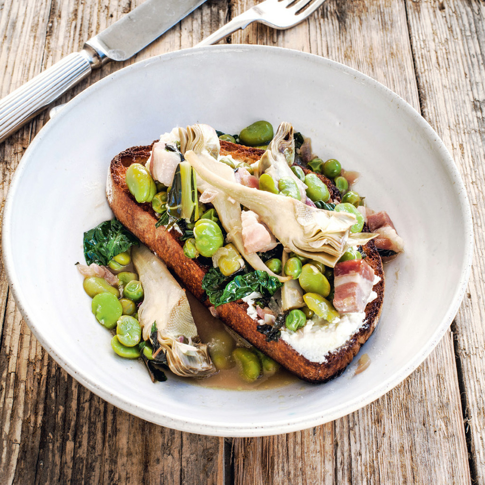 Spring vegetable stew on toast with goat’s curd recipe