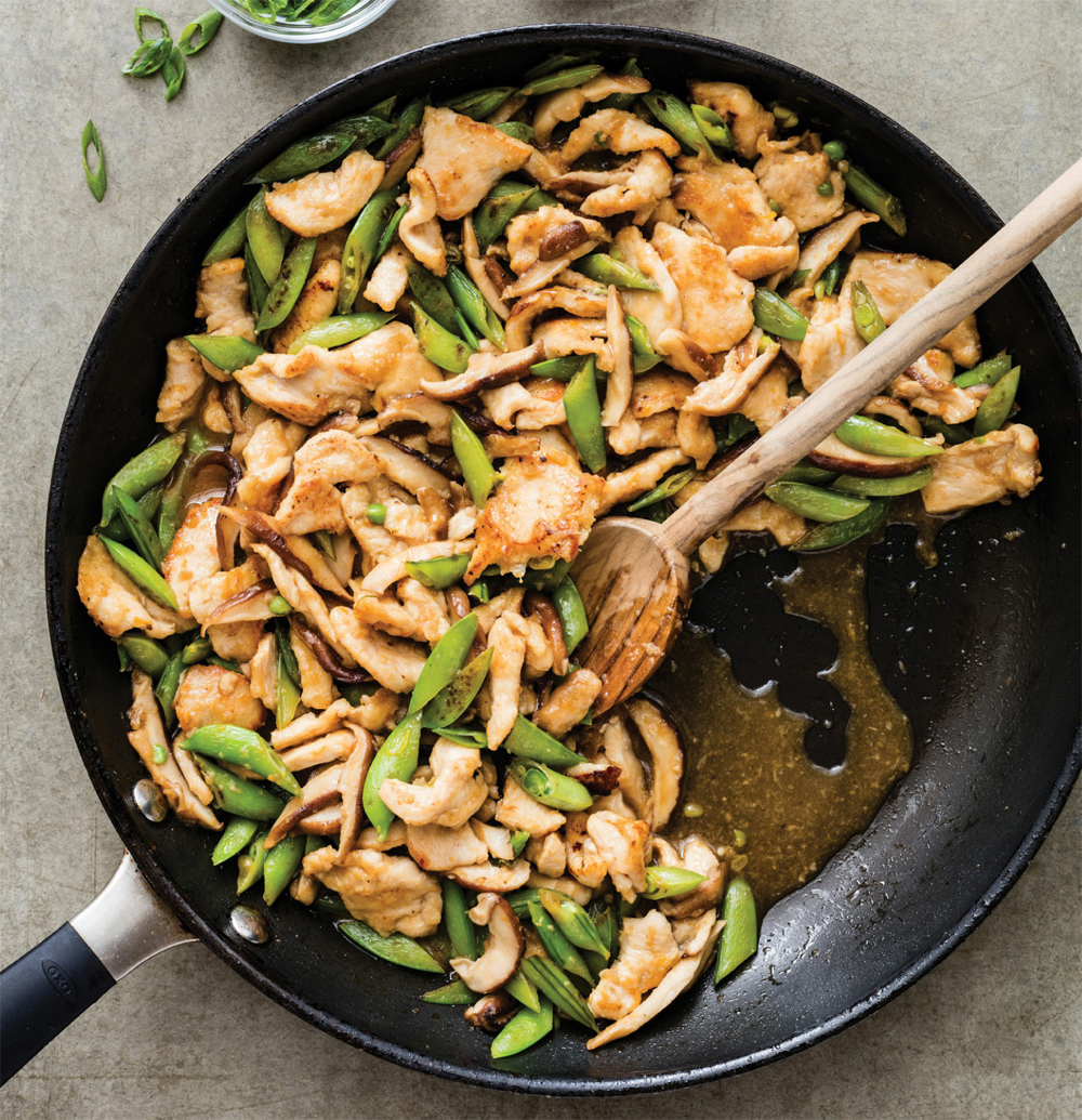 Stir-fried chicken with snap peas and shiitakes recipe