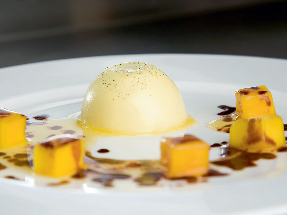 White chocolate and saffron pannacotta, passion fruit and chilli syrup, chocolate and cardamom sauce recipe