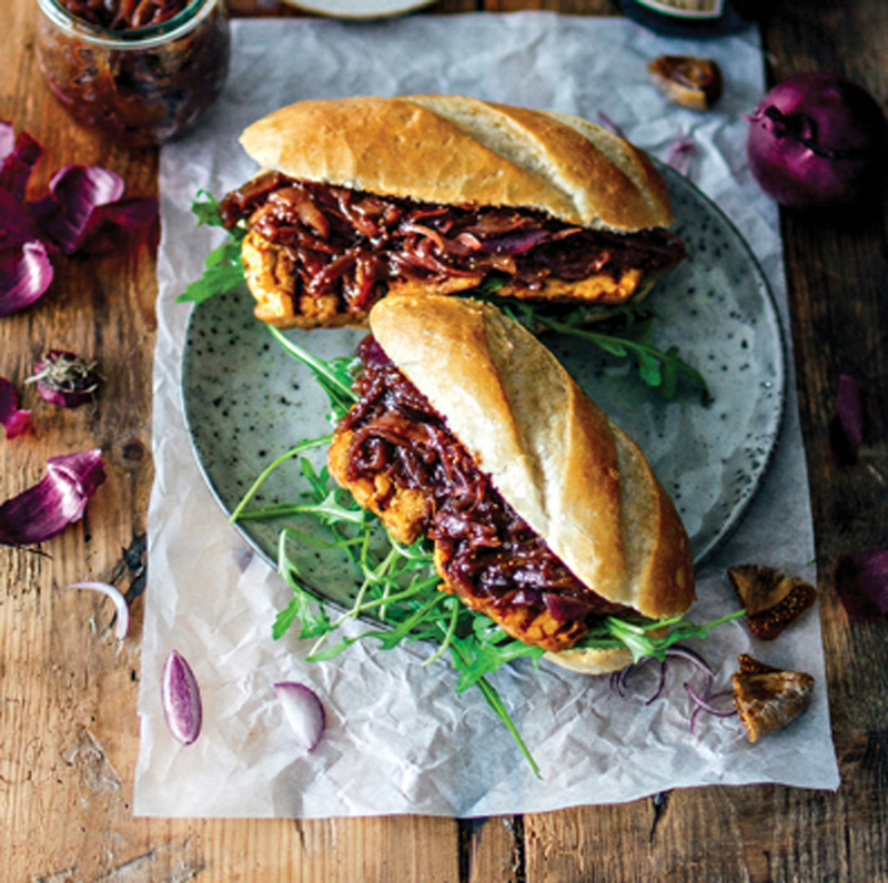 BBQ tempeh sandwich with stewed fig & onion marmalade & rocket recipe