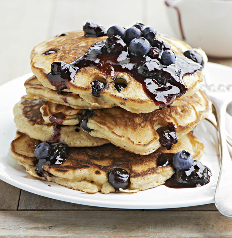 Lemon-ricotta blueberry pancakes with black and blue sauce recipe
