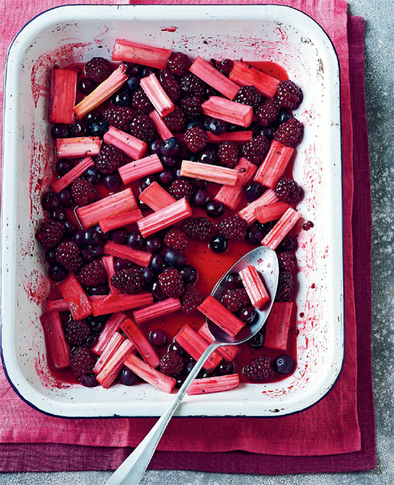 Roast rhubarb, blackberry & blueberry compote recipe