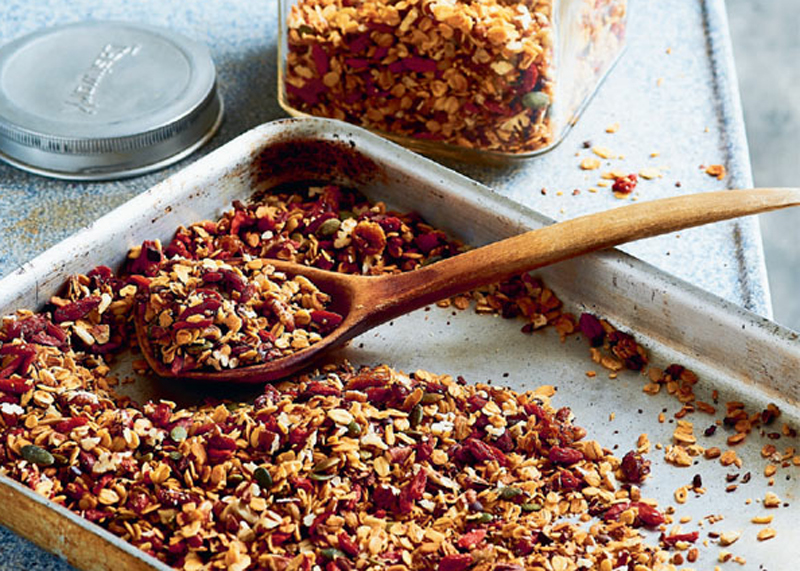 Slow-baked pecan & cocoa nib granola recipe