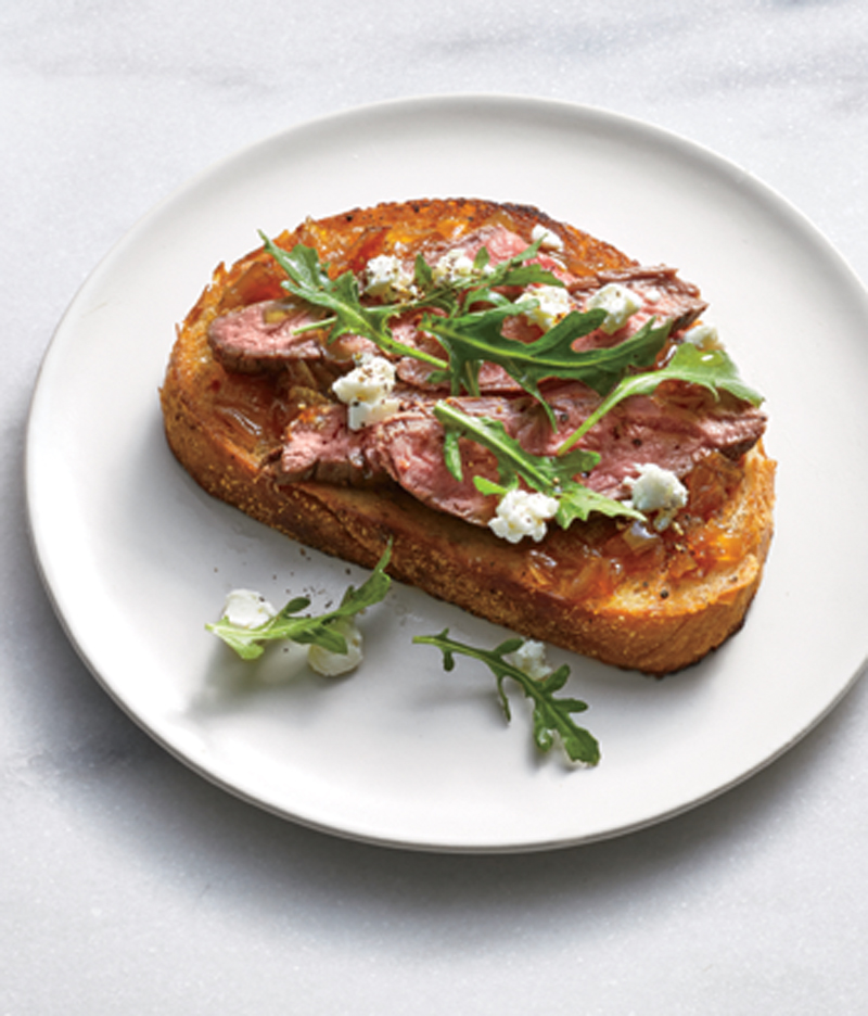 Steak, goat cheese, and onion jam tartine recipe