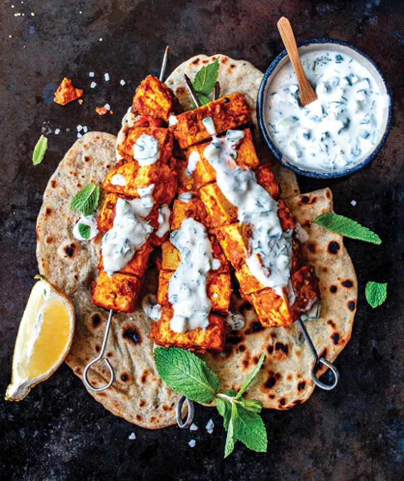 Tandoori tofu skewers with cucumber mint & yoghurt sauce recipe