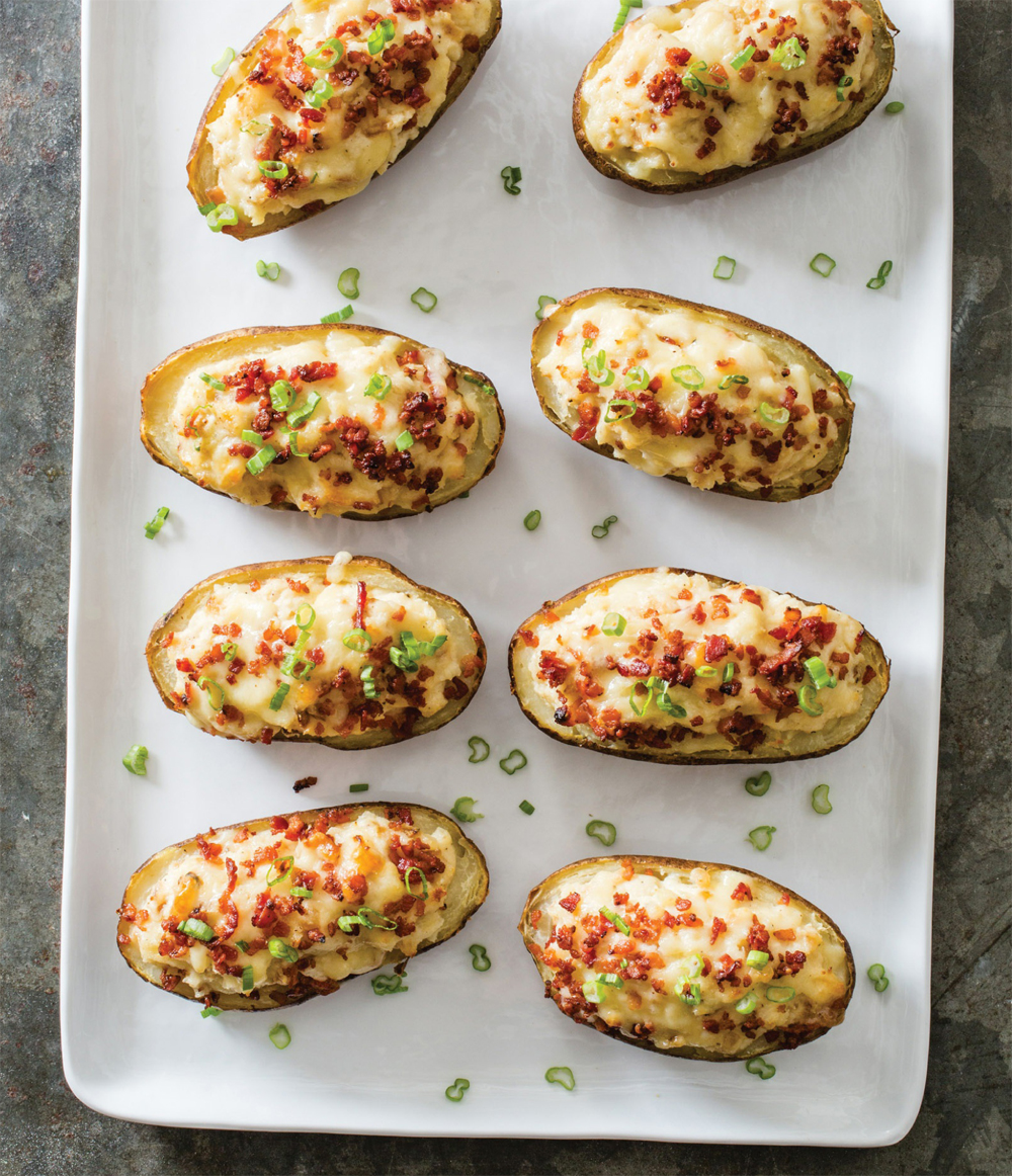 Twice-baked potatoes with bacon, cheddar, and scallions recipe