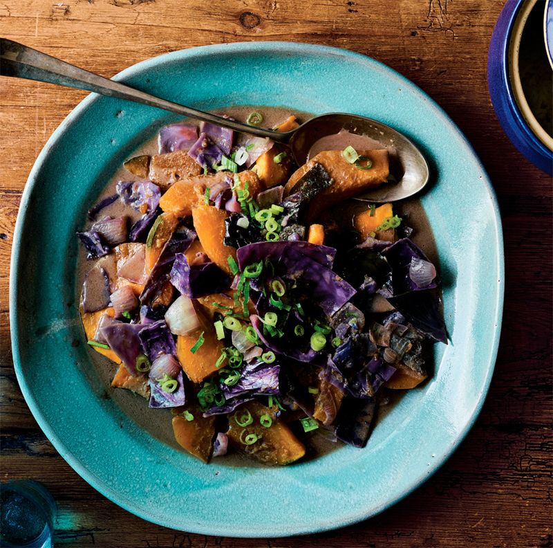 Braised kabocha squash with miso and purple cabbage recipe
