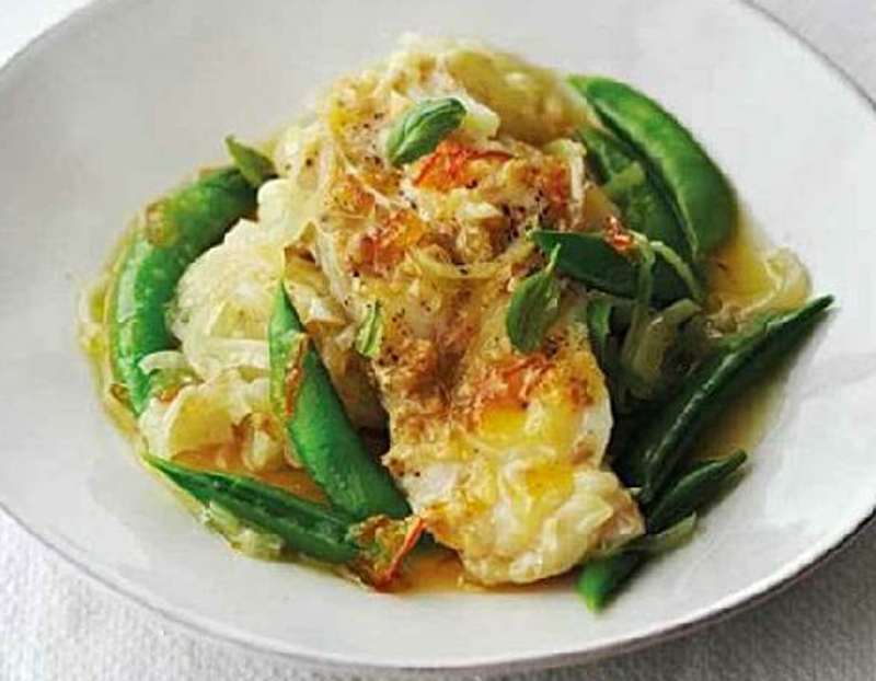 Cod with orange glaze and snap peas recipe