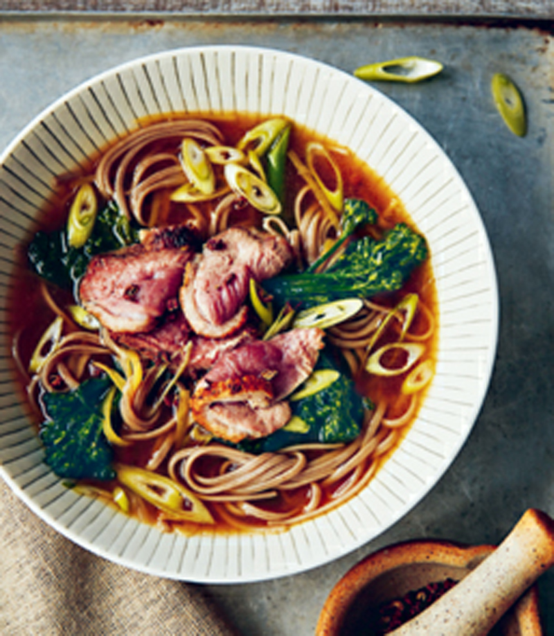 Five spice duck with buckwheat noodles & broccoli recipe