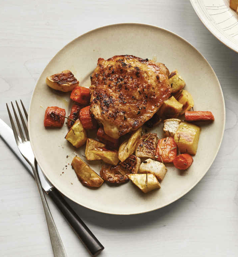 Lemony chicken thighs with rosemary-roasted root vegetables recipe