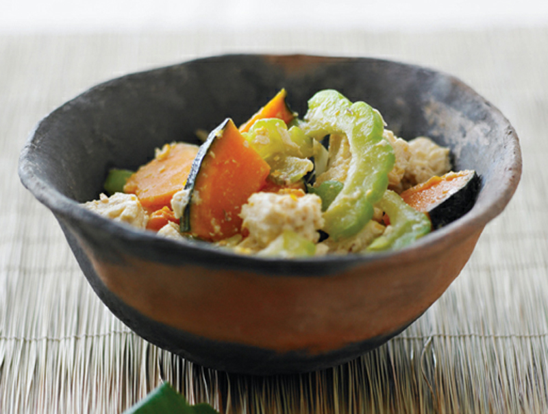 Miso-glazed bitter melon with kabocha and Tofu recipe