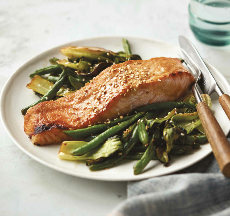 Miso-glazed salmon with bok choy and string beans recipe