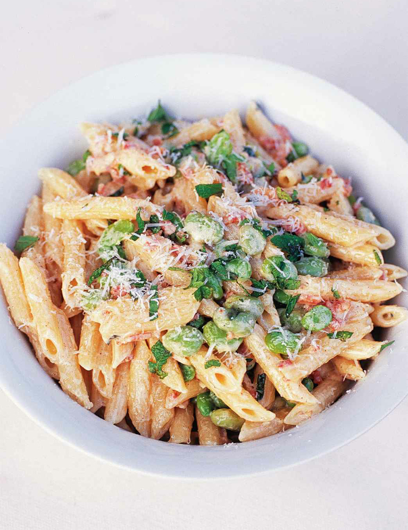 Penne with broad beans, bacon, mint and cream recipe