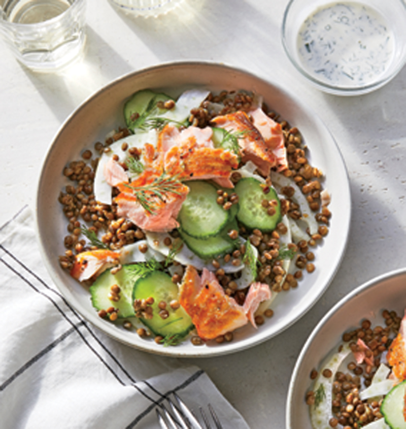 Salmon and lentil bowl with kefir dressing recipe