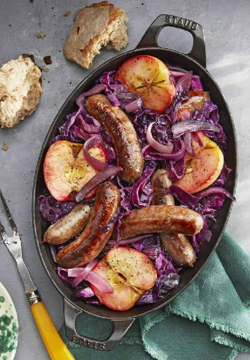 Seared sausage with cabbage and pink lady apples recipe