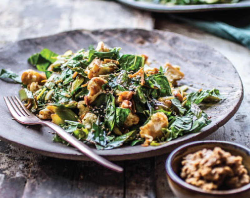 Stir-fried cauliflower and mustard greens lemon-sesame sauce recipe