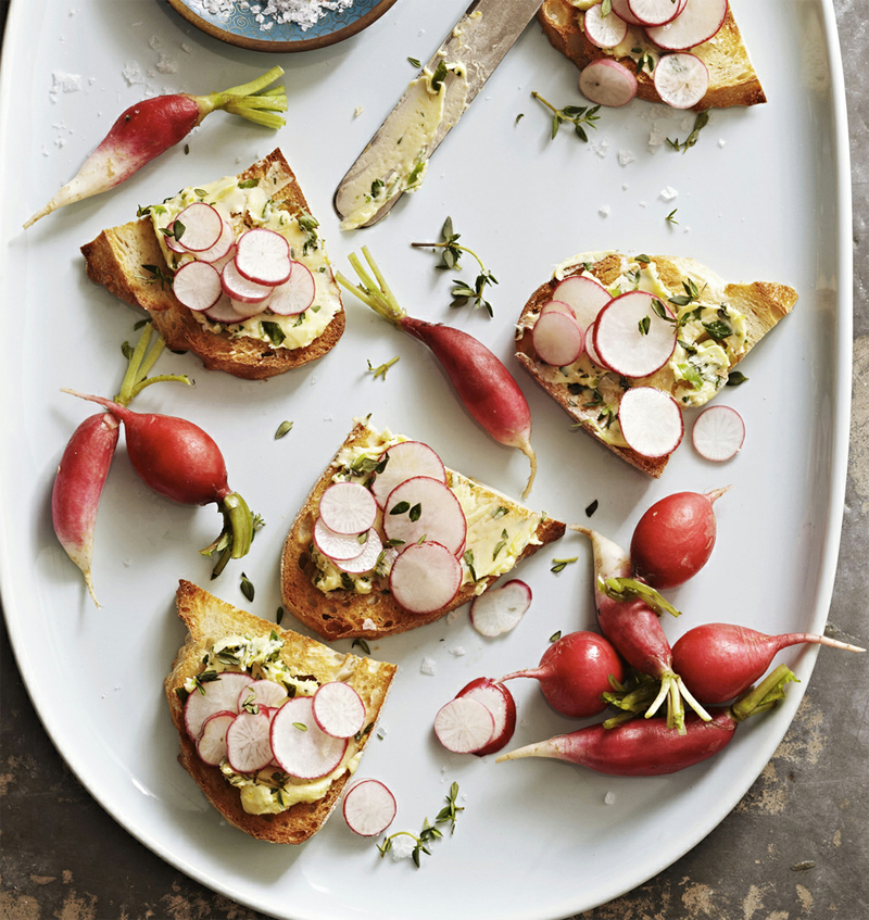 Toasted baguette with herbed butter and radish recipe