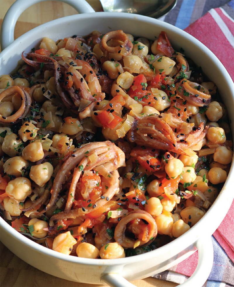 Chickpeas baked with squid, petimezi, and nigella recipe