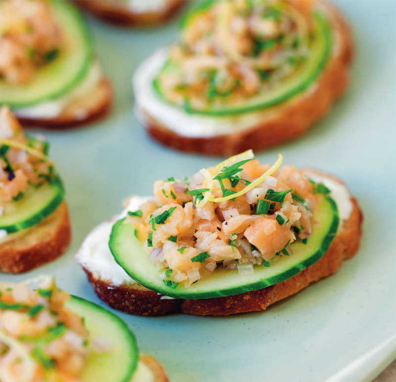 Smoked salmon, cucumber, and creme fraiche crostini recipe