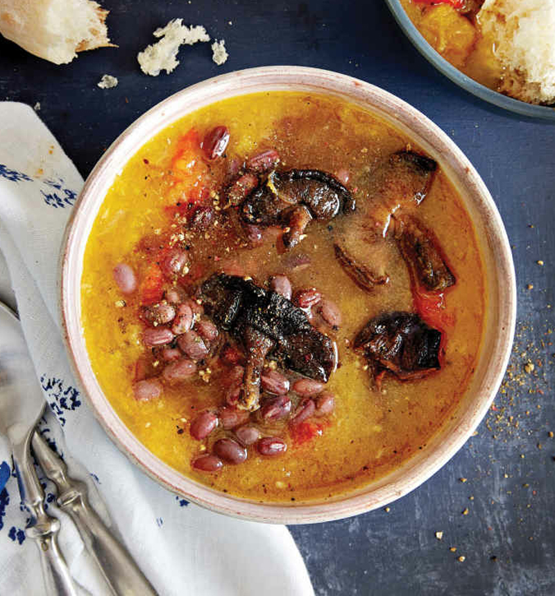 Acorn squash, pear & adzuki soup with sauteed shiitakes recipe