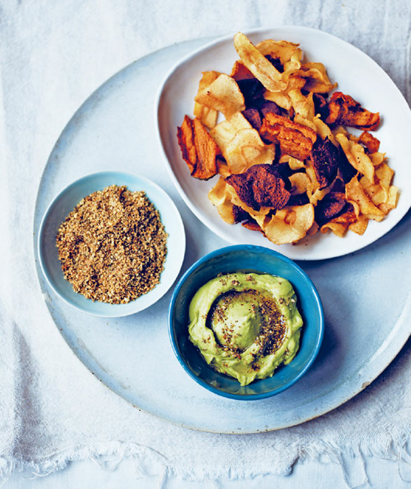 Avocado miso dip with root vegetable chips & dukkah recipe