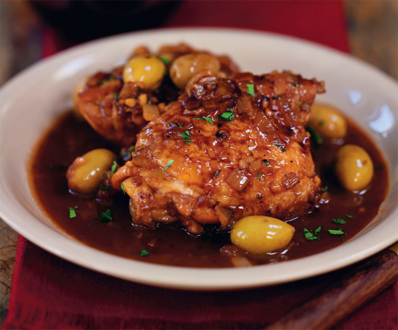 Braised Chicken thighs with green olives recipe