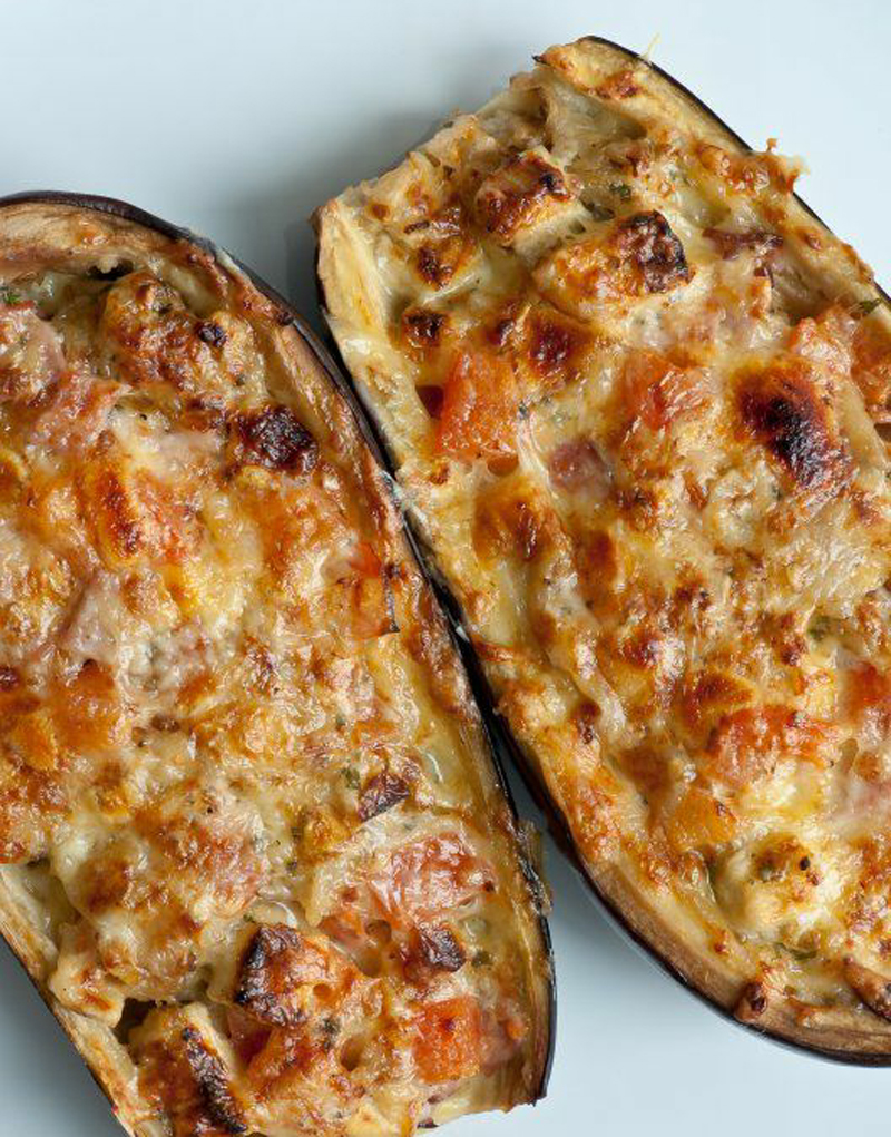 Ham, cheese, and tomato stuffed eggplant recipe