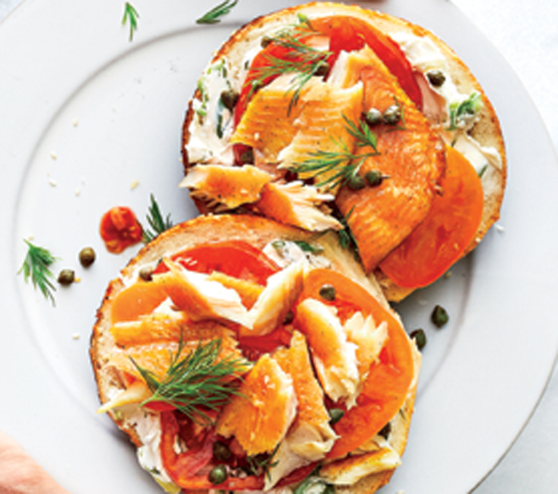 Hot-smoked trout on sesame bagels recipe